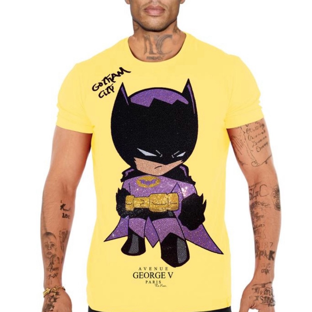 Avenue George V Paris Batman T-Shirt men’s yellow fitted tee Rhinestone